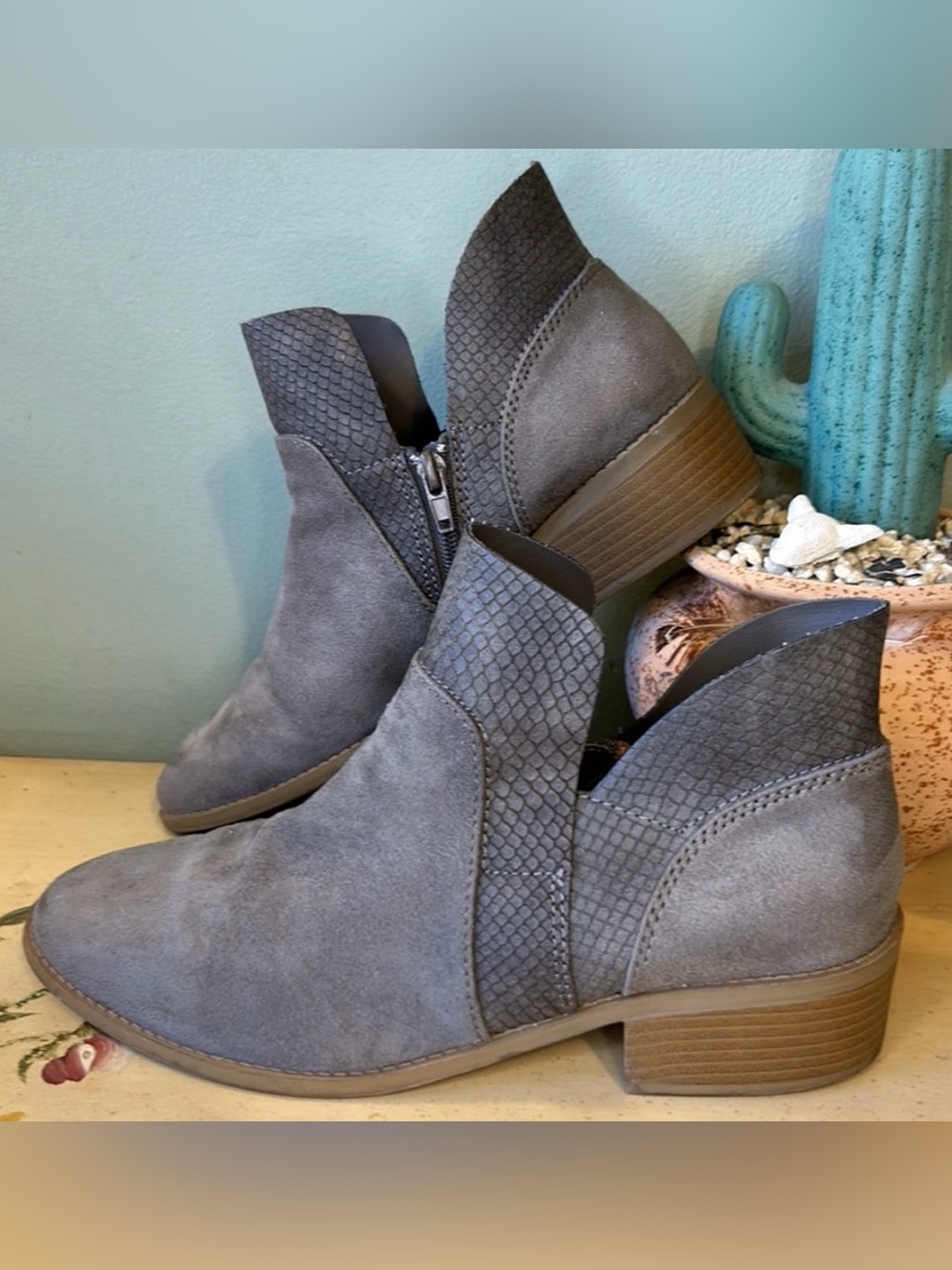 American Eagle Gray Faux Suede Leather Snake Trim Split Shaft Ankle Boots